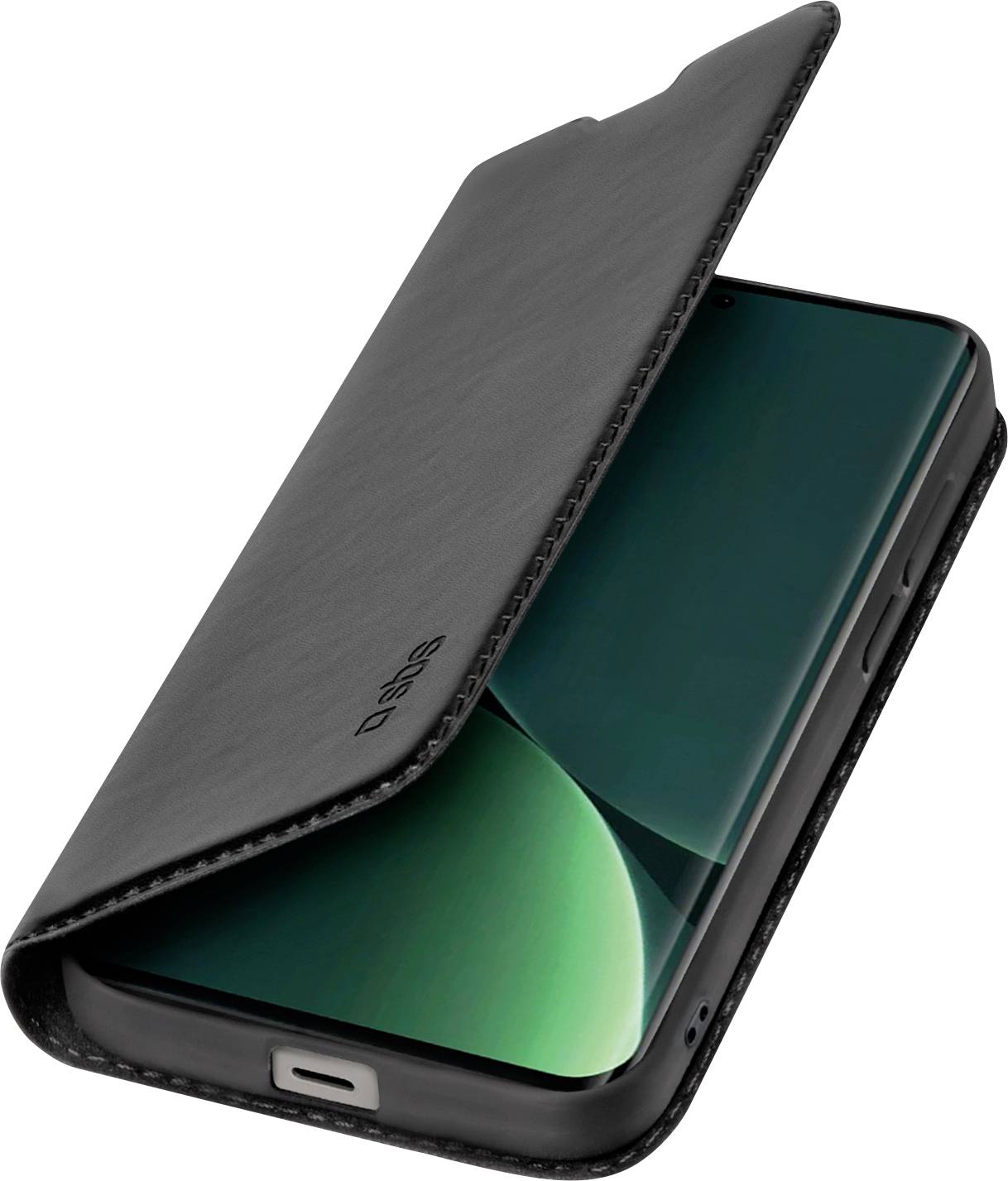 Ein schwarzes Lederflip-Case öffnet sich teilweise und gibt den Blick auf ein Smartphone mit sichtbarem grünem Bildschirm frei. Die Handyhülle weist Nähdetails auf.