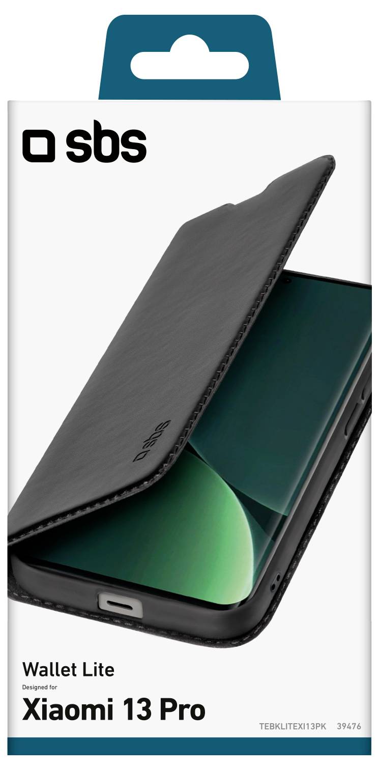 „Wallet Lite Schutzhülle für Xiaomi 13 Pro, entworfen von SBS, in Schwarz mit Klapphülle.