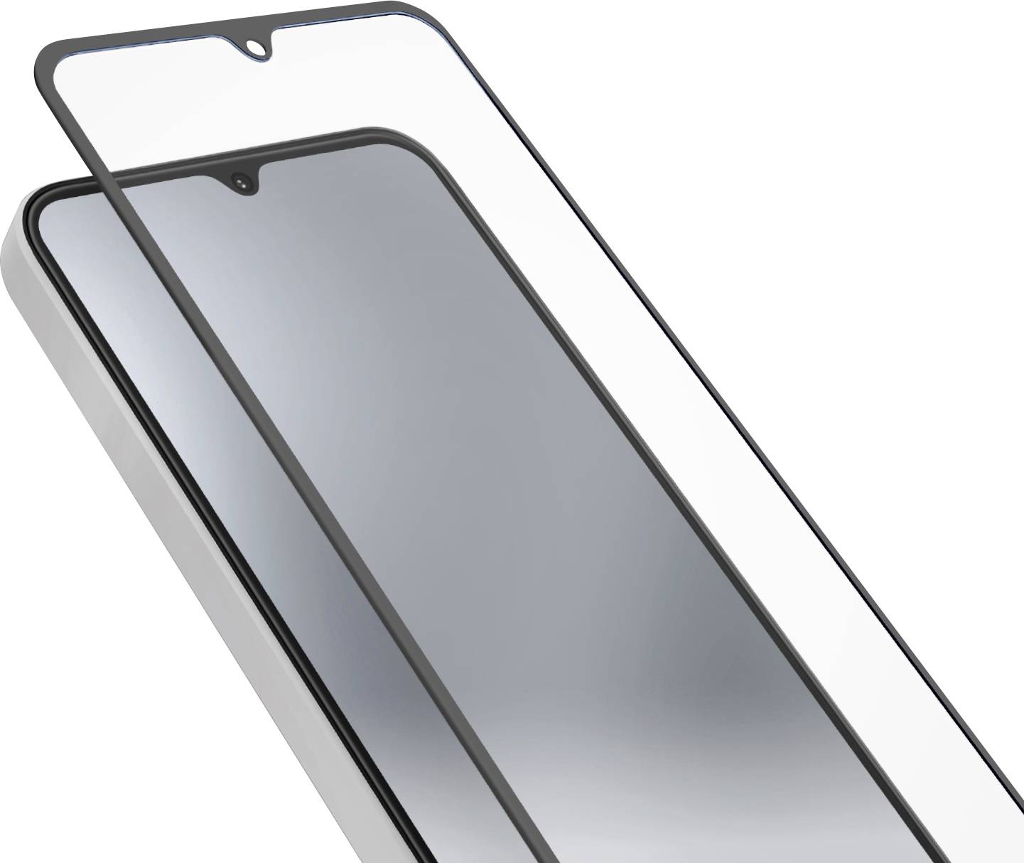 „Smartphone mit Displayschutzfolie, die angebracht wird, zeigt präzise Ausrichtung über der Vorderseite des Telefons, wodurch die Displayabdeckung und der Schutz betont werden.