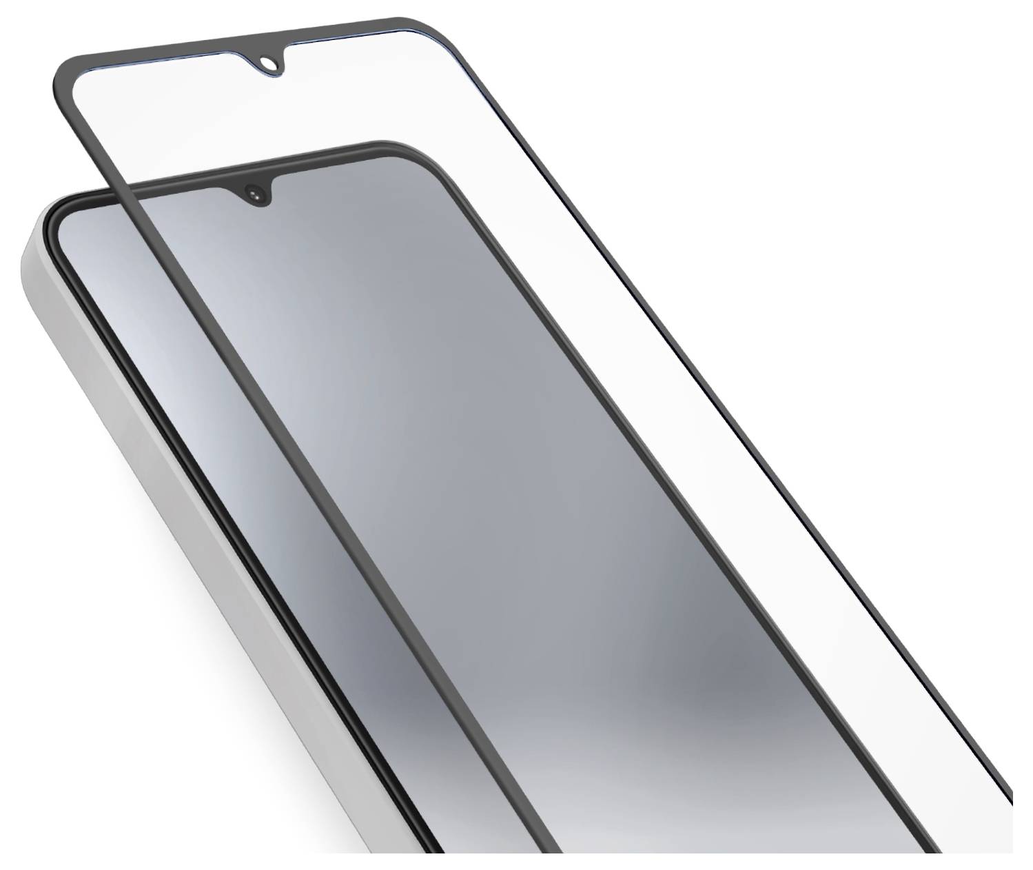Ein Displayschutzglas bedeckt teilweise ein Smartphone mit reflektivem Bildschirm und zeigt, wie der Schutz über das Telefon passt.