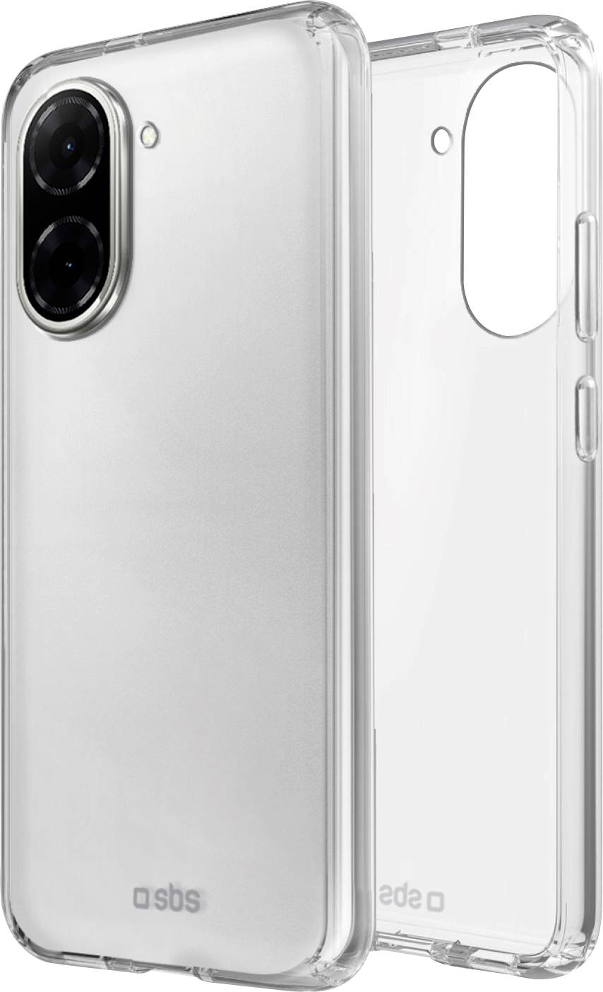 Transparente Handyhülle für ein Dual-Kamera-Smartphone, die Abdeckung und Schutz zeigt, mit sichtbaren Ausschnitten für Tasten und Anschlüsse.