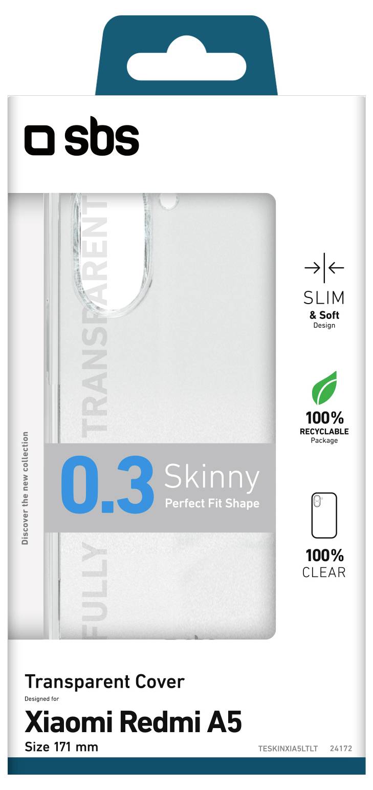 „Transparente Schutzhülle speziell für Xiaomi Redmi A5, Größe 171 mm. Schlank, weich, 100% recycelbar verpackt, 100% klar, 0,3 mm dünn.