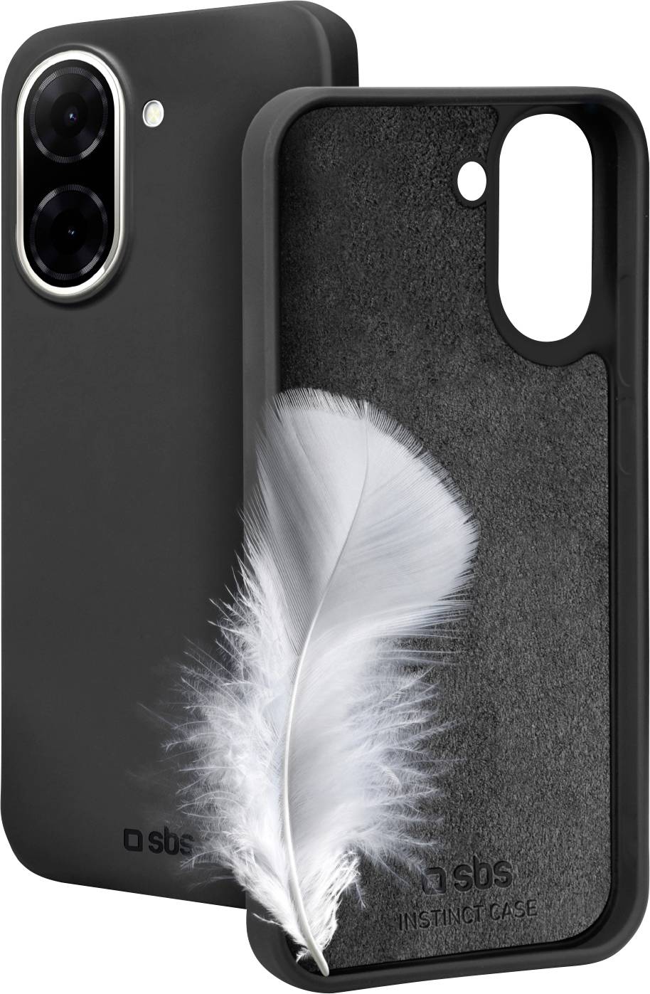 Ein leichtes, schwarzes Handycover von SBS mit Feder- und Kameraauschnitt, das sein schlankes Design und die weiche Innentextur präsentiert.