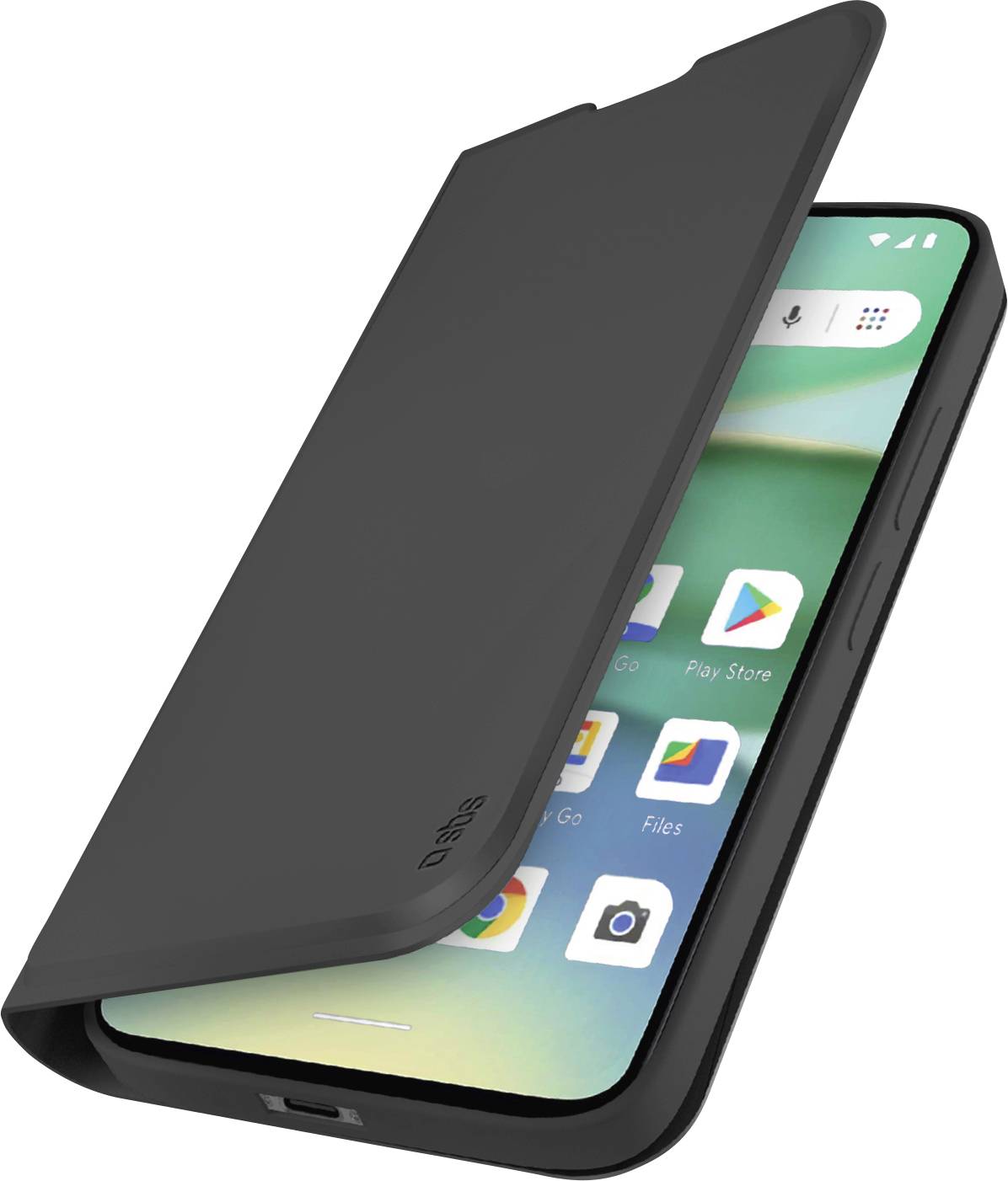 Ein Smartphone mit schwarzer Klappschutzhülle, das teilweise geöffnet ist und einen Startbildschirm mit verschiedenen App-Symbolen wie Kamera und Nachrichtendienst zeigt.