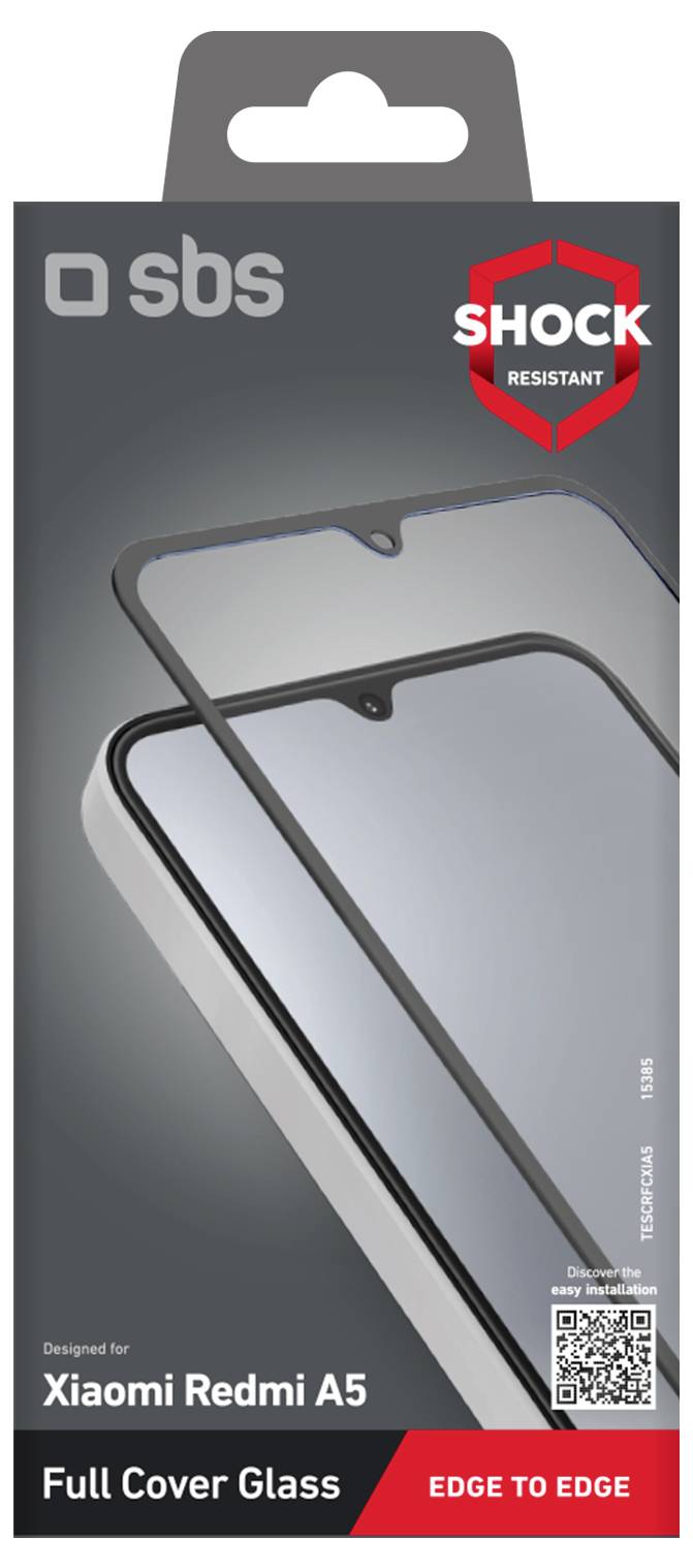 Vollschutz-Glas für Xiaomi Redmi A5 Verpackung mit stoßfestem Etikett, zeigt kantenlos schützendes Glasdesign auf dem Telefon.