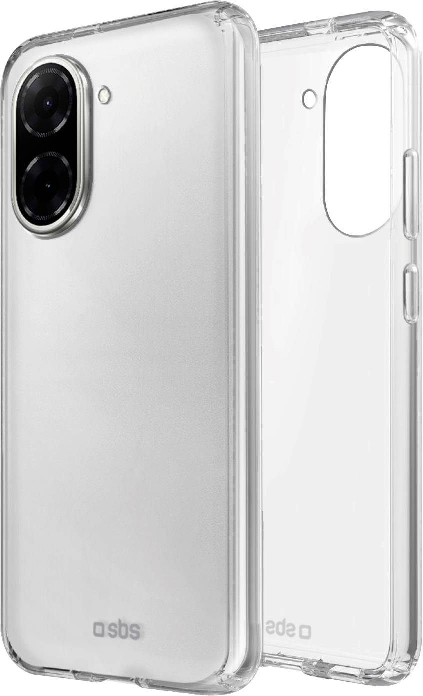 'Durchsichtige Smartphone-Hülle mit doppeltem Kameraausschnitt, mit präziser Passform für rückseitige Kameras. Text auf der Hülle liest 