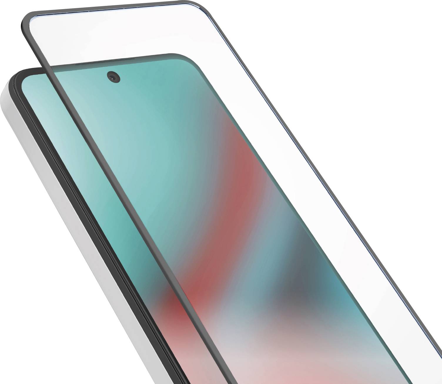 Ein Smartphone-Bildschirm mit einer transparenten Displayschutzfolie, die gerade angebracht wird. Die Schutzfolie ist leicht über dem Telefon angehoben. Der Bildschirm zeigt einen farbenfrohen, abstrakten Hintergrund.