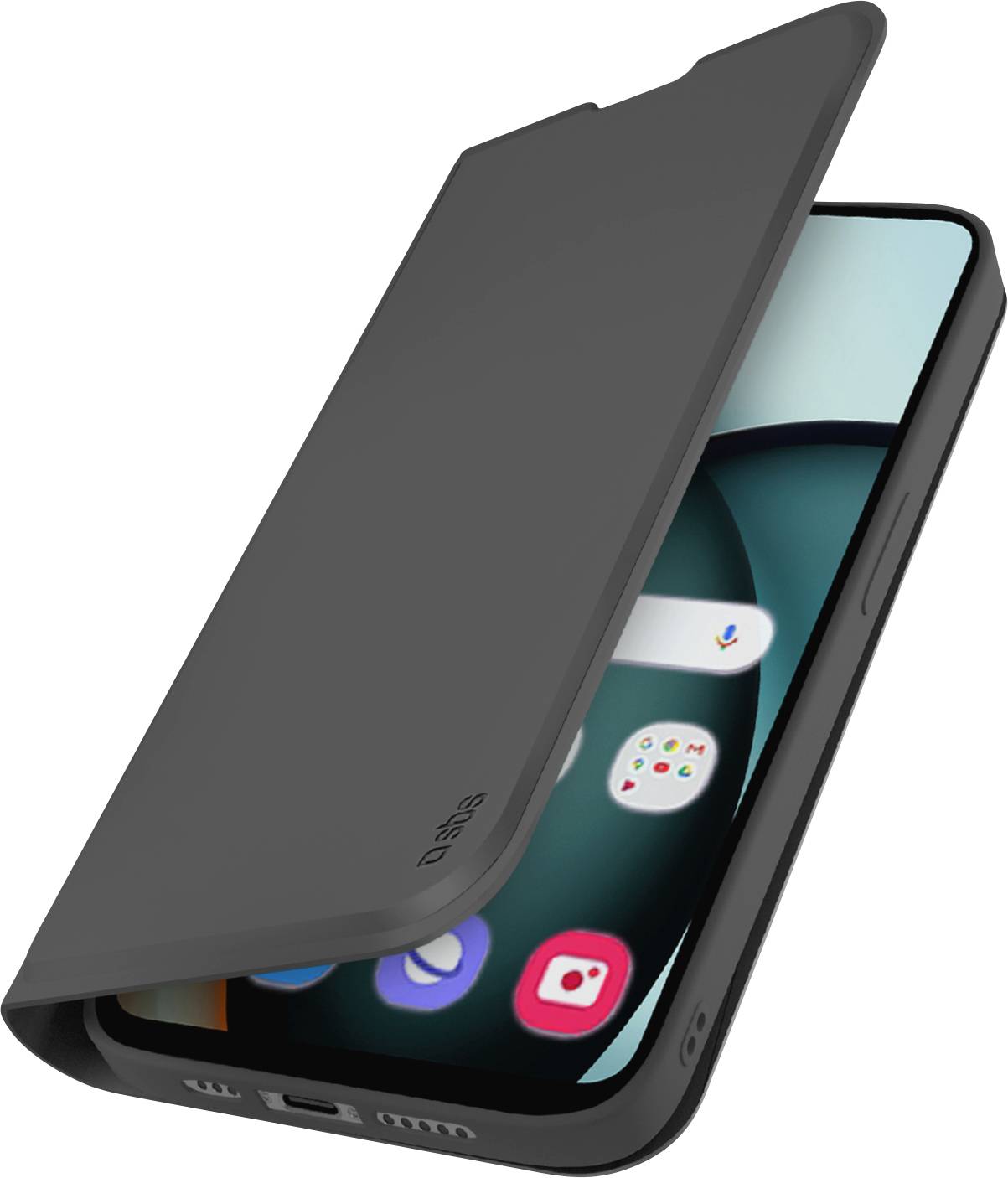 Smartphone in einem schwarzen Flip-Cover-Hülle, teilweise geöffnet, zeigt App-Icons auf dem Startbildschirm in einer modernen Benutzeroberfläche.