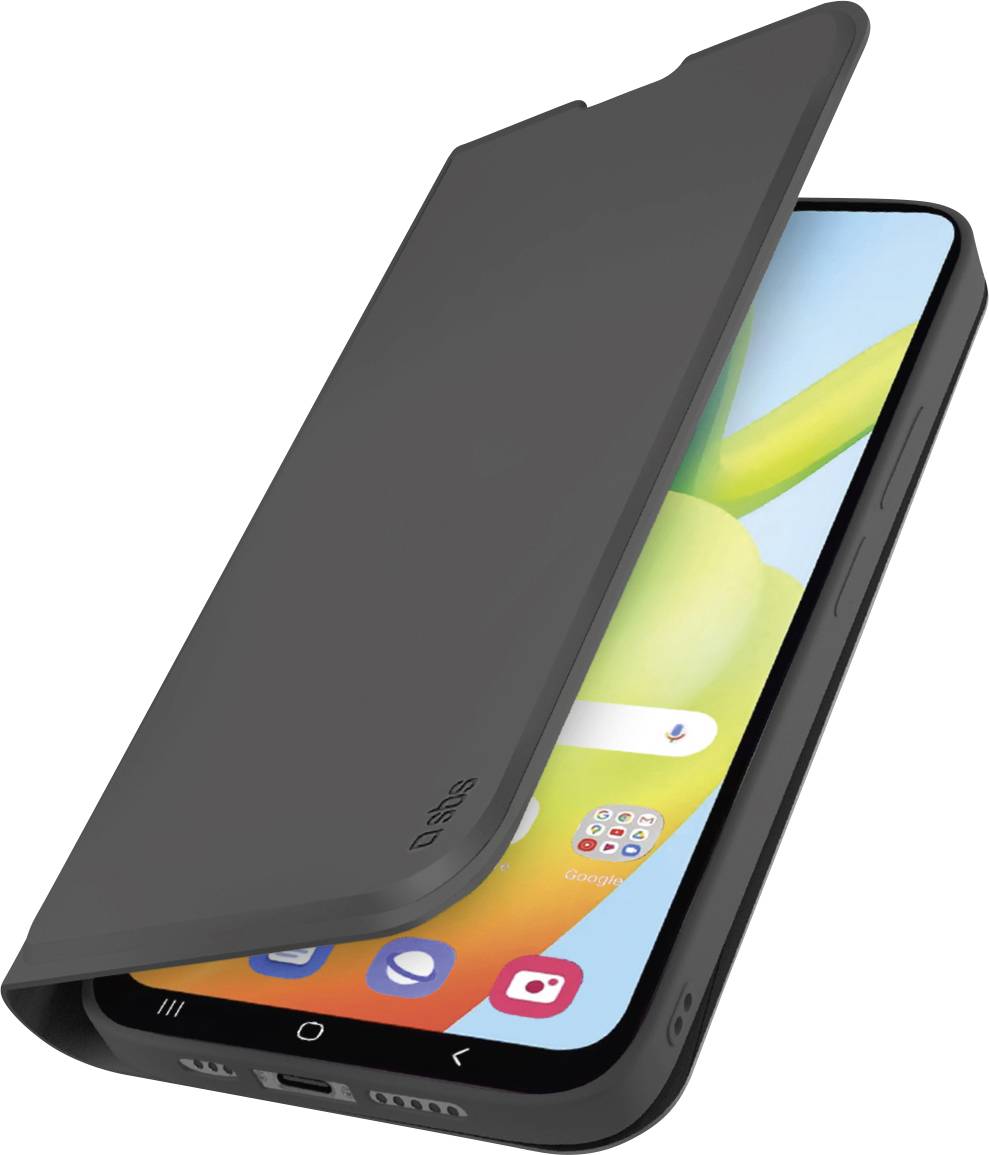 Ein Smartphone mit einer Klappschutzhülle, die zur Hälfte offen ist und den Startbildschirm mit App-Symbolen und einer sichtbaren Kamera in der oberen rechten Ecke anzeigt.