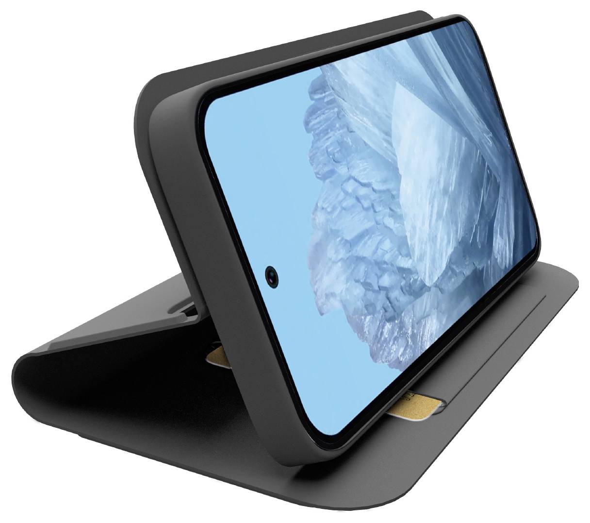 Ein Smartphone in einem schwarzen Gehäuse ist aufgestellt und zeigt ein abstraktes blaues und weißes Eismuster auf seinem Bildschirm.