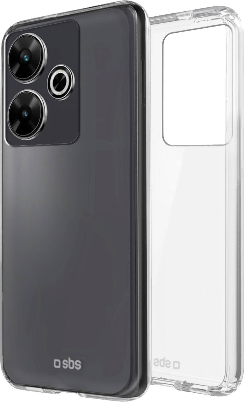 Ein durchsichtiges Handyhüllengehäuse wird angezeigt und zeigt ein elegantes schwarzes Smartphone mit Doppelkameras.