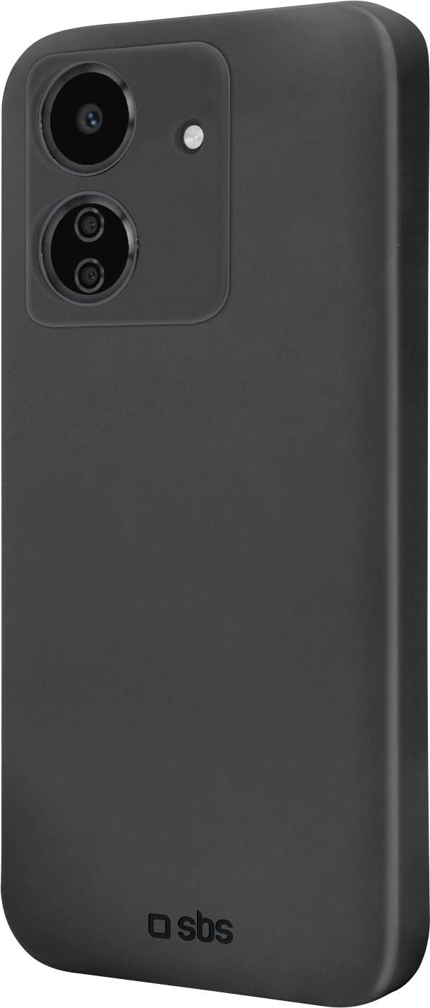 Schwarze Smartphone-Schutzhülle mit zwei Kameraaussparungen, strukturierter Oberfläche und einem „sbs