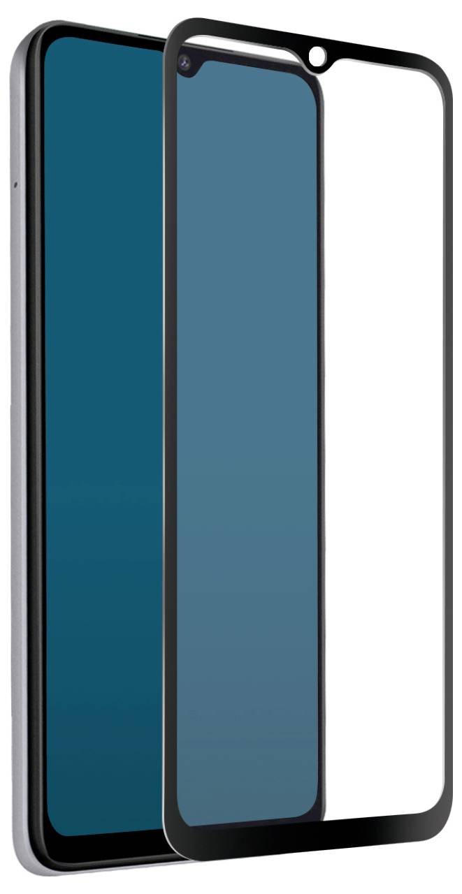 Ein Smartphone mit blauem Bildschirm, gezeigt neben einer Schutzfolien-Abdeckung. Die Abdeckung ist transparent und passt auf die Abmessungen des Telefons.