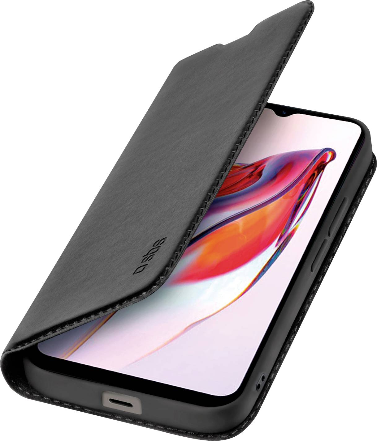 Ein Smartphone mit einer schwarzen Lederklapphülle, die teilweise geöffnet ist und einen lebendigen Bildschirm mit abstrakten Farben zeigt.