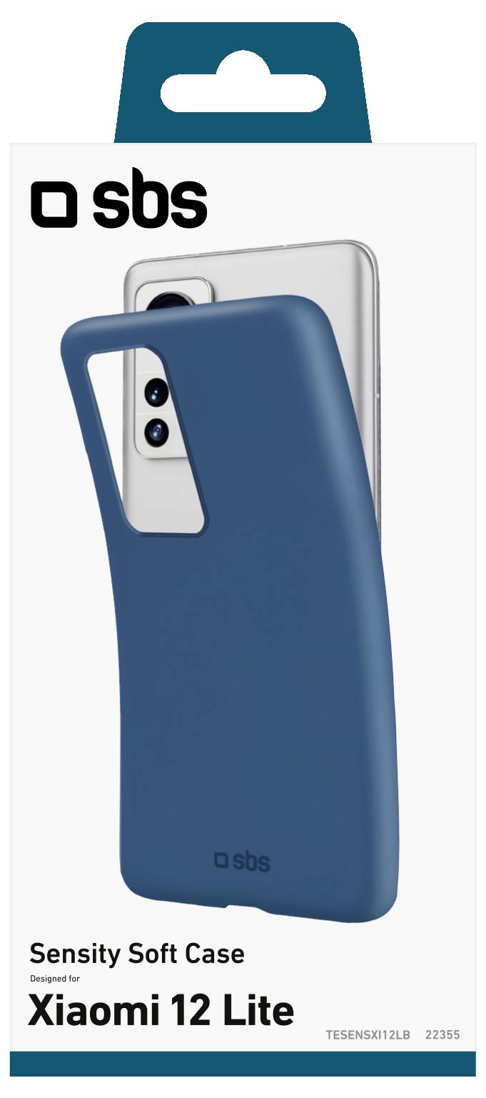 SBS-Markenhülle aus Weichwahl für Xiaomi 12 Lite, dargestellt in Dunkelblau mit einer Öffnung für die Kamera. Die Verpackung hebt die Telefonkompatibilität hervor.