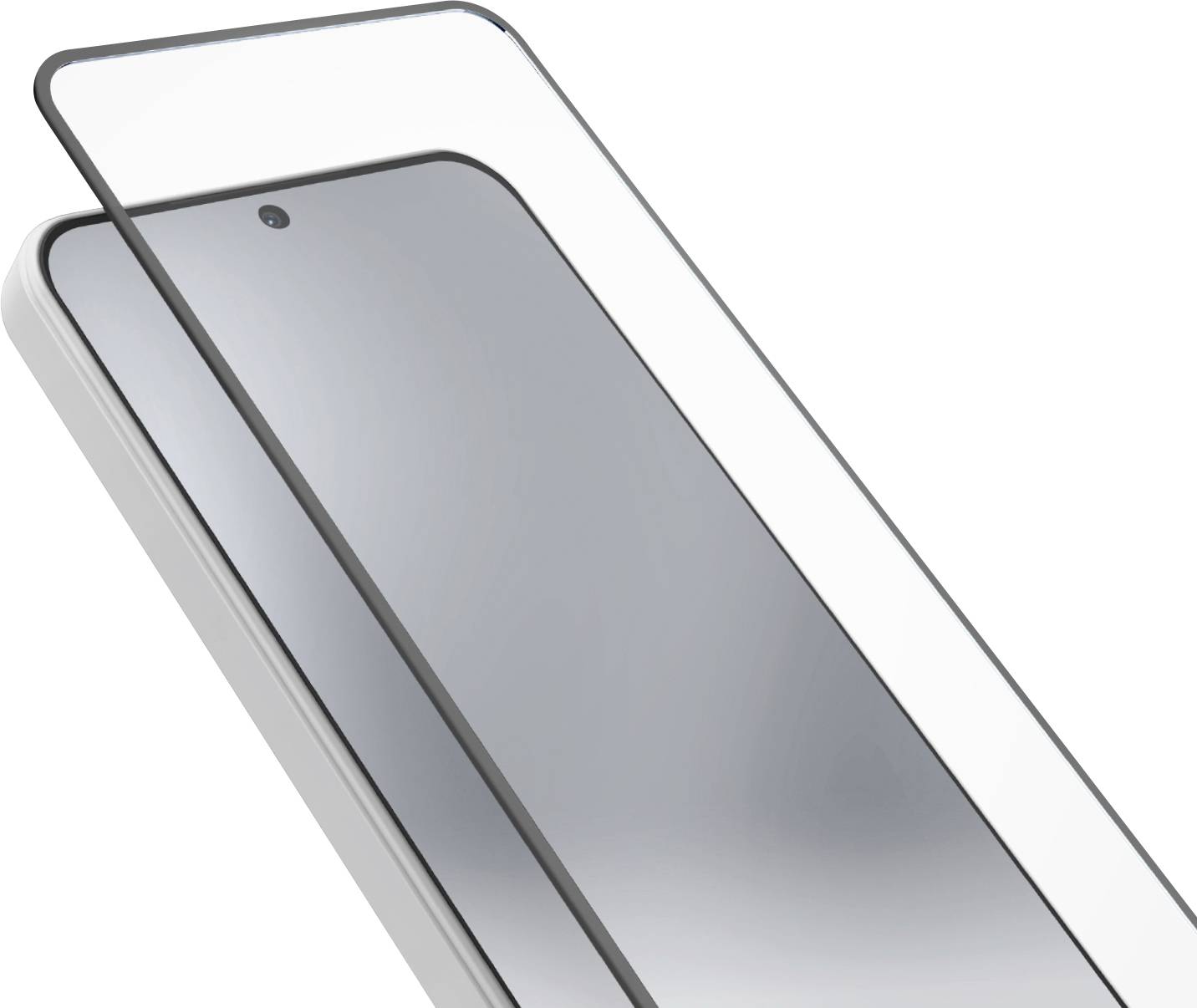 Ein Smartphone mit einem teilweise angebrachten gehärtetem Glasschutzfilm, der die Spiegelung auf seiner glatten Oberfläche zeigt.