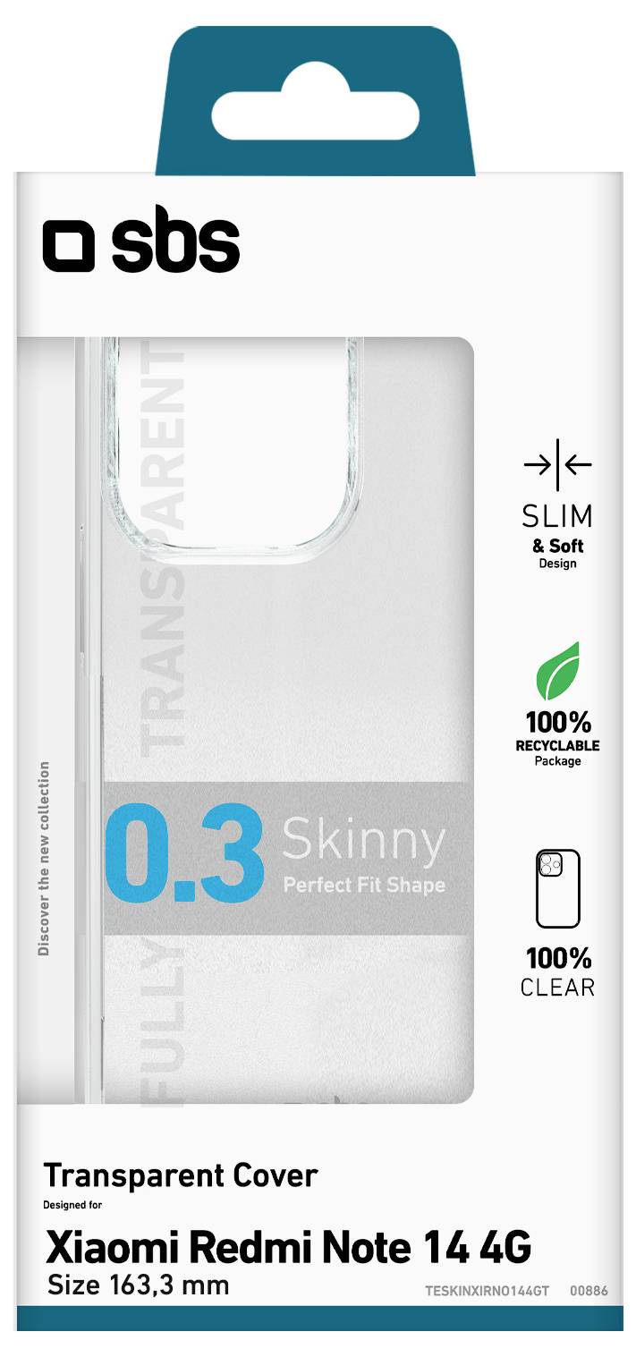 Durchsichtige Schutzhülle für Xiaomi Redmi Note 14 4G. Highlights: schlankes Design, 0,3 mm Dicke, 100 % recycelbar, vollständig transparent.