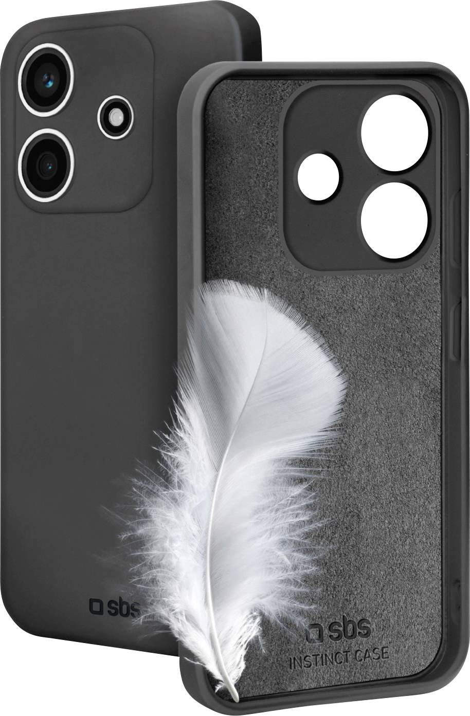 Ein schwarzes Smartphone-Case mit doppelten hinteren Kameraausschnitten wird mit einem weichen Futter gezeigt, begleitet von einer weißen Feder, die sein geringes Gewicht anzeigt.