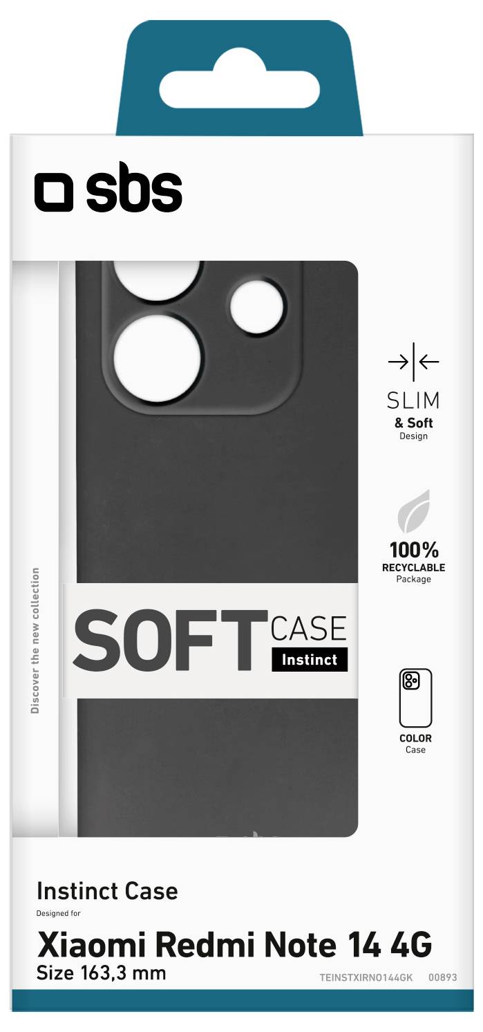Schwarze Handyhülle für Xiaomi Redmi Note 14 4G, Slim & Soft, 100% recycelbare Verpackung, Größe 163,3 mm.