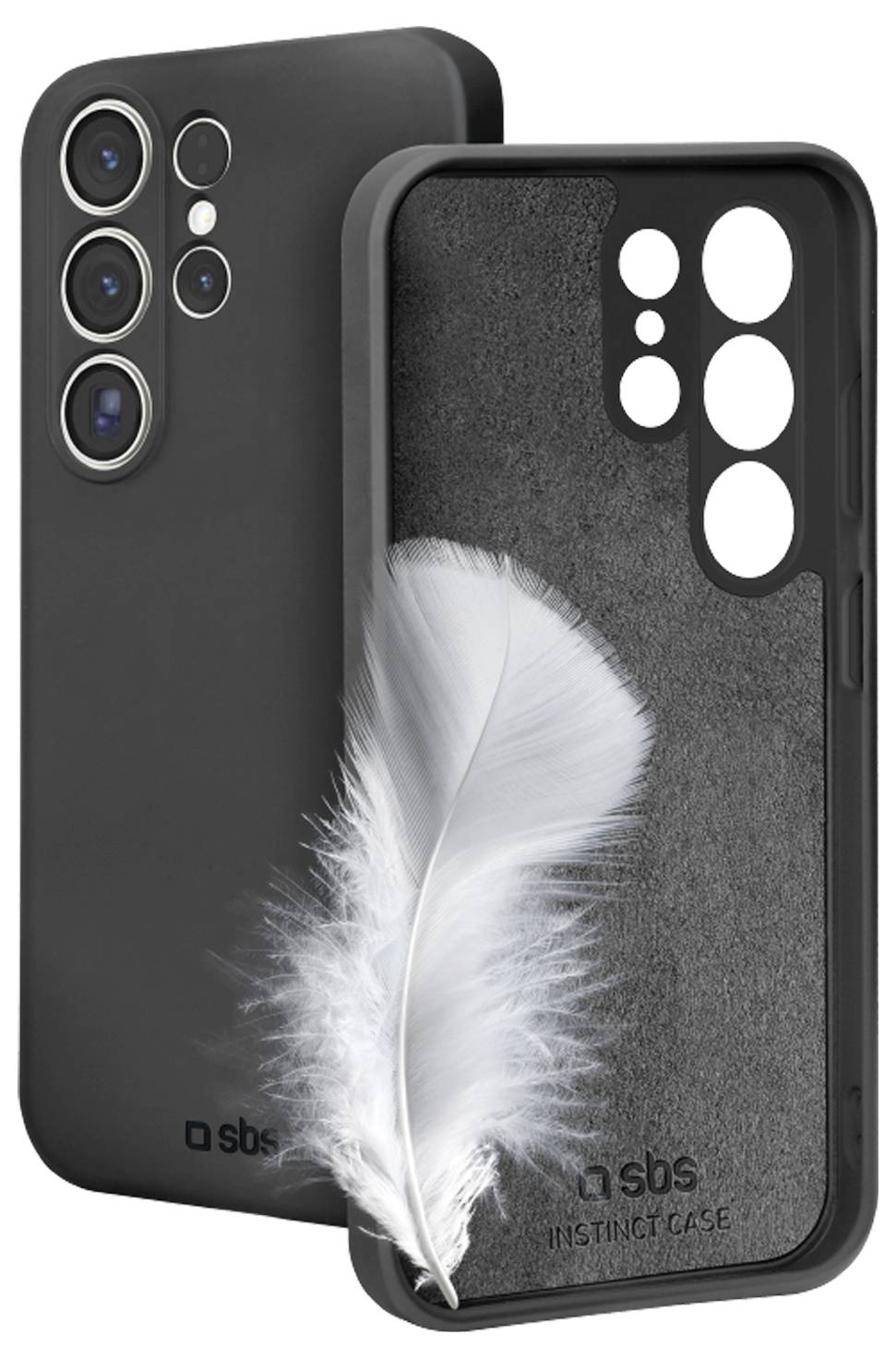 Ein schwarzes Smartphone-Case mit Federdesign, hervorgehoben für seine leichten und schützenden Eigenschaften.