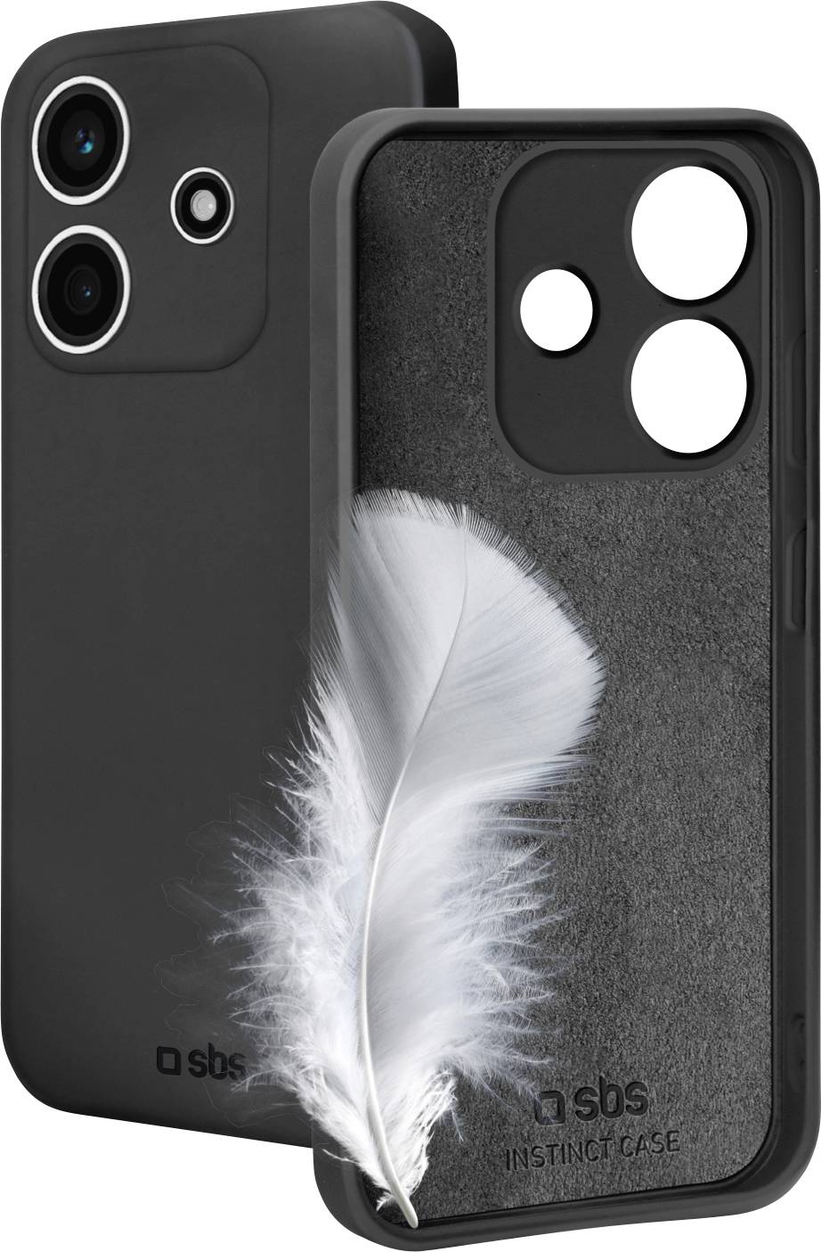 Eine schwarze Smartphone-Schutzhülle mit einer Aussparung für die Kameraobjektive und einer weißen Feder im Inneren, die sein schlankes und elegantes Design zur Schau stellt.