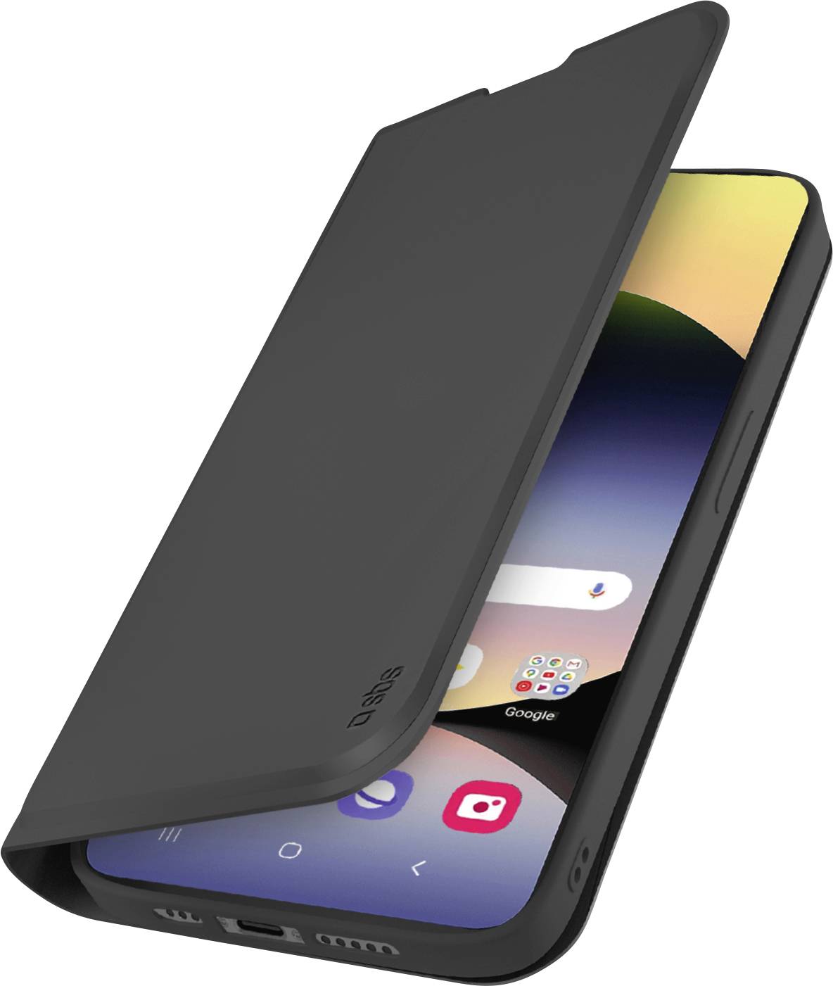 Ein schwarzes Klapphandyhülle öffnet sich teilweise und zeigt ein Smartphone mit verschiedenen App-Symbolen auf dem Startbildschirm.