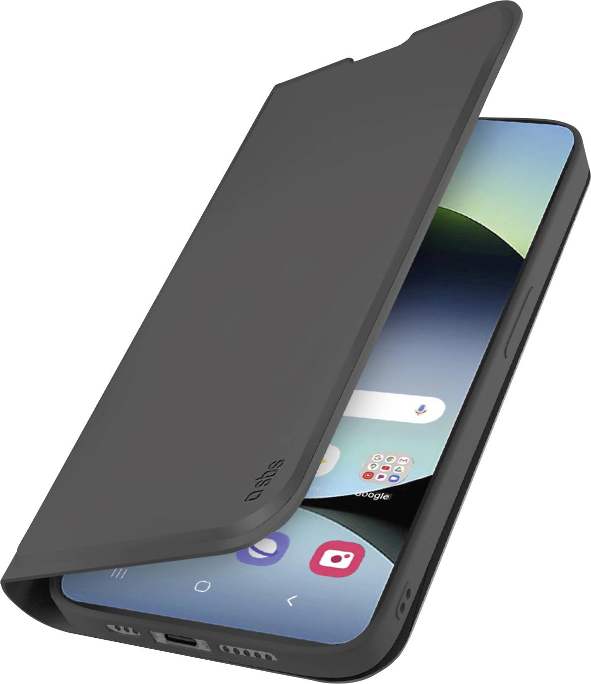 Ein Smartphone mit einer schützenden schwarzen Klapphülle, die teilweise geöffnet ist und App-Symbole auf dem Bildschirm anzeigt.