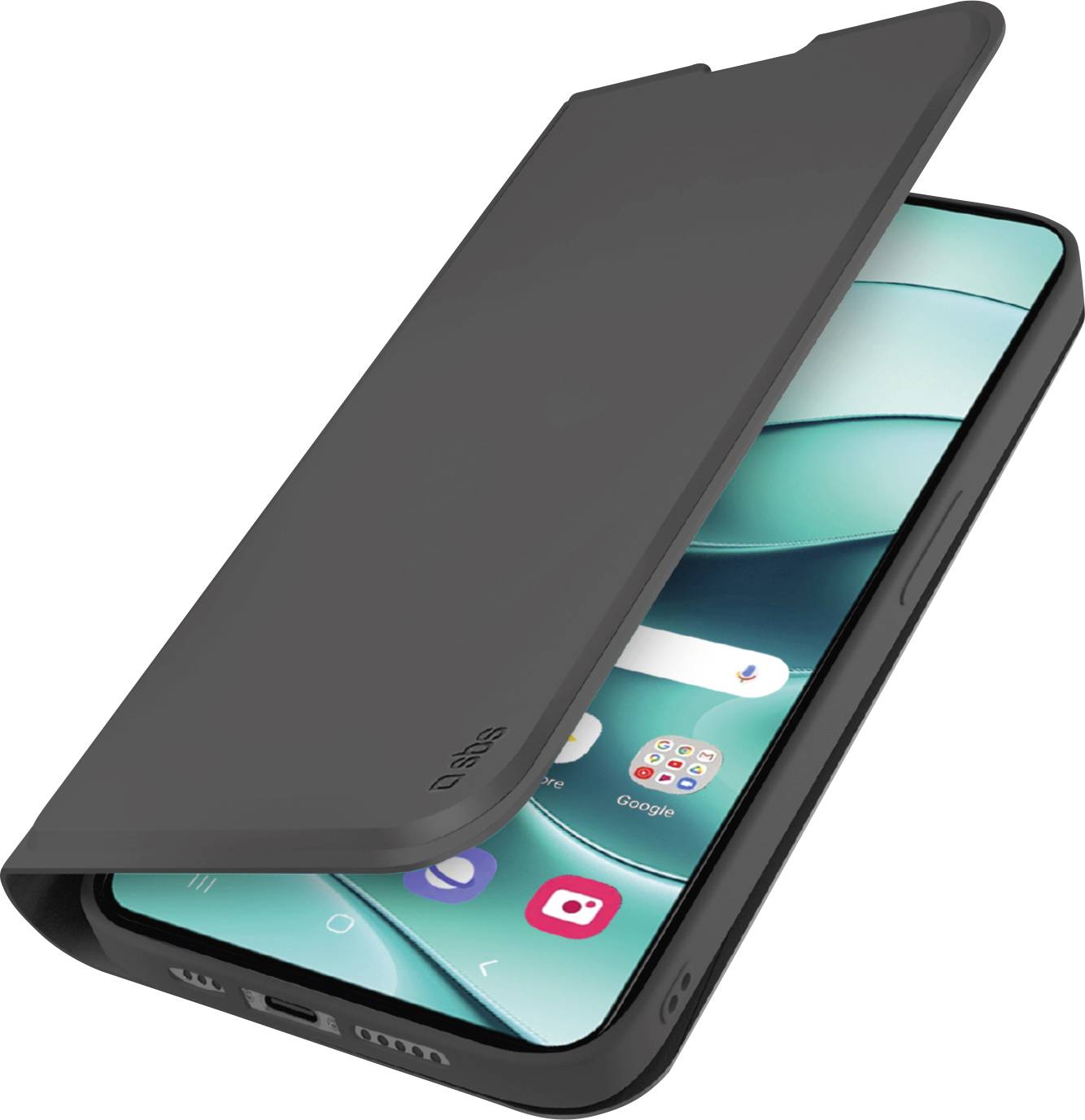 Ein Smartphone mit teilweise geöffneter schwarzer Klapphülle, das einen farbenfrohen, mit Apps gefüllten Bildschirm anzeigt und den Ladeanschluss am unteren Ende sichtbar macht.