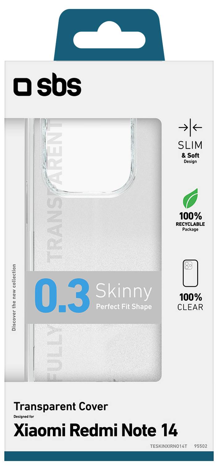 Transparente Schutzhülle für Xiaomi Redmi Note 14. Schlankes und weiches Design. 100% recycelbar und transparent. Perfekt passendes Format mit 0,3mm Dicke.