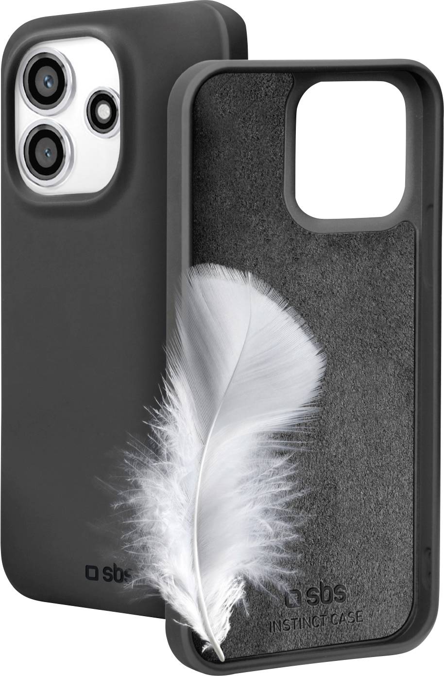 Ein schwarzes Smartphone-Etui mit weichem Innenfutter und Feder, das das Logo der Marke präsentiert.