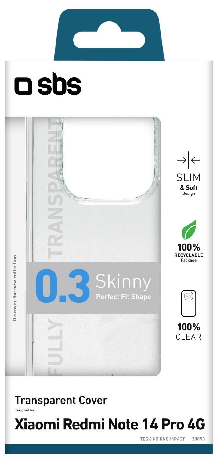 Das Bild zeigt eine Verpackung für eine transparente Handyhülle, die für das Xiaomi Redmi Note 14 Pro+ 5G entwickelt wurde. Sie hebt ein schlankes, weiches Design, 100% Transparenz und eine perfekt angepasste Form hervor.