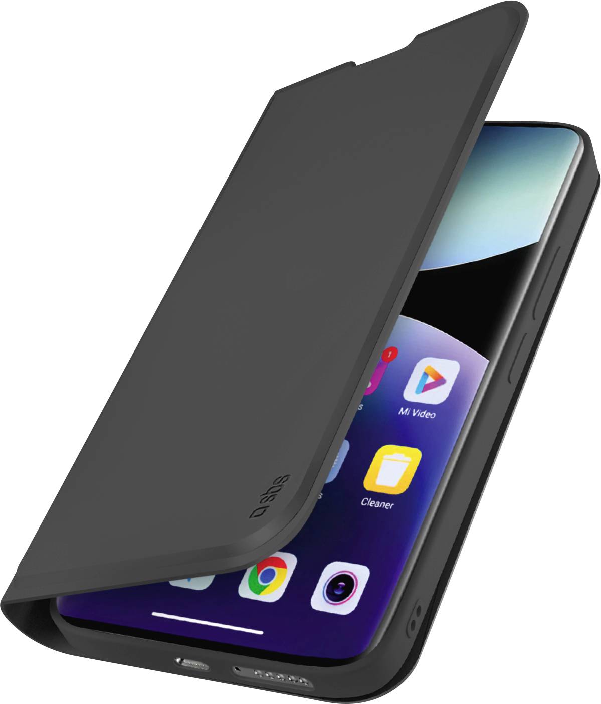 Ein Smartphone mit mehreren farbenfrohen App-Symbolen auf dem Bildschirm ist teilweise von einer eleganten, schwarzen Schutzhülle mit Klappfunktion verdeckt.