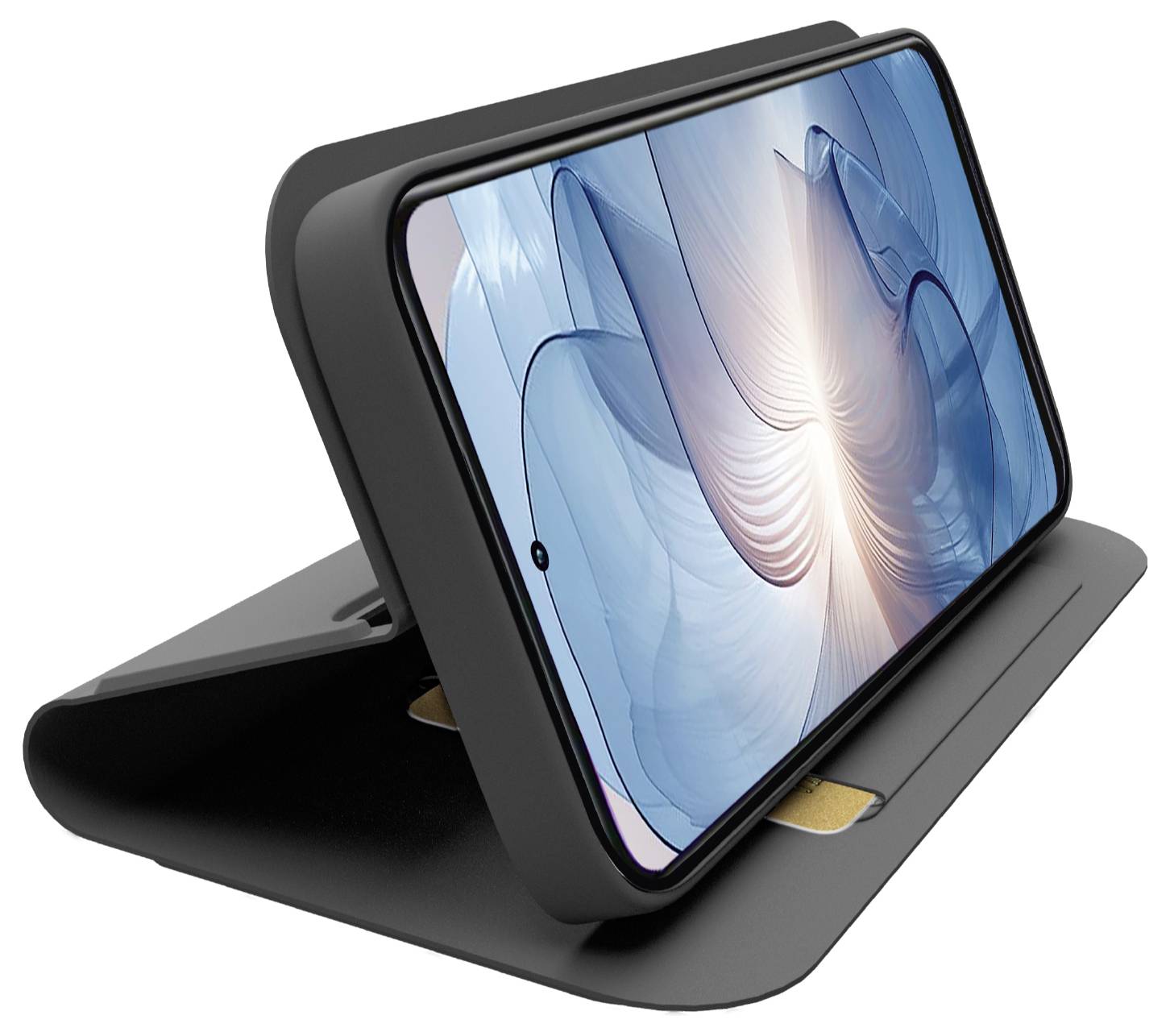 Ein Smartphone mit einem blauen abstrakten Design auf seinem Bildschirm steht auf einem schwarzen Ständer mit leicht geöffnetem Deckel.