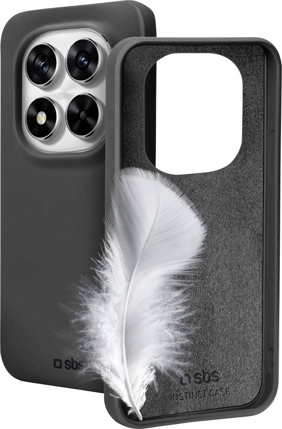 Ein schwarzes Handyhülle mit weichem Inneren wird gezeigt; eine weiße Feder ruht darin und hebt sein leichtes und schützendes Design hervor.