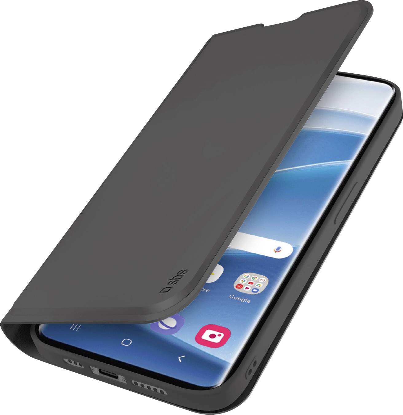 Ein Smartphone mit einer dunklen Schutzhülle mit Klappdeckel, die teilweise geöffnet ist und den Startbildschirm sowie App-Symbole zeigt.
