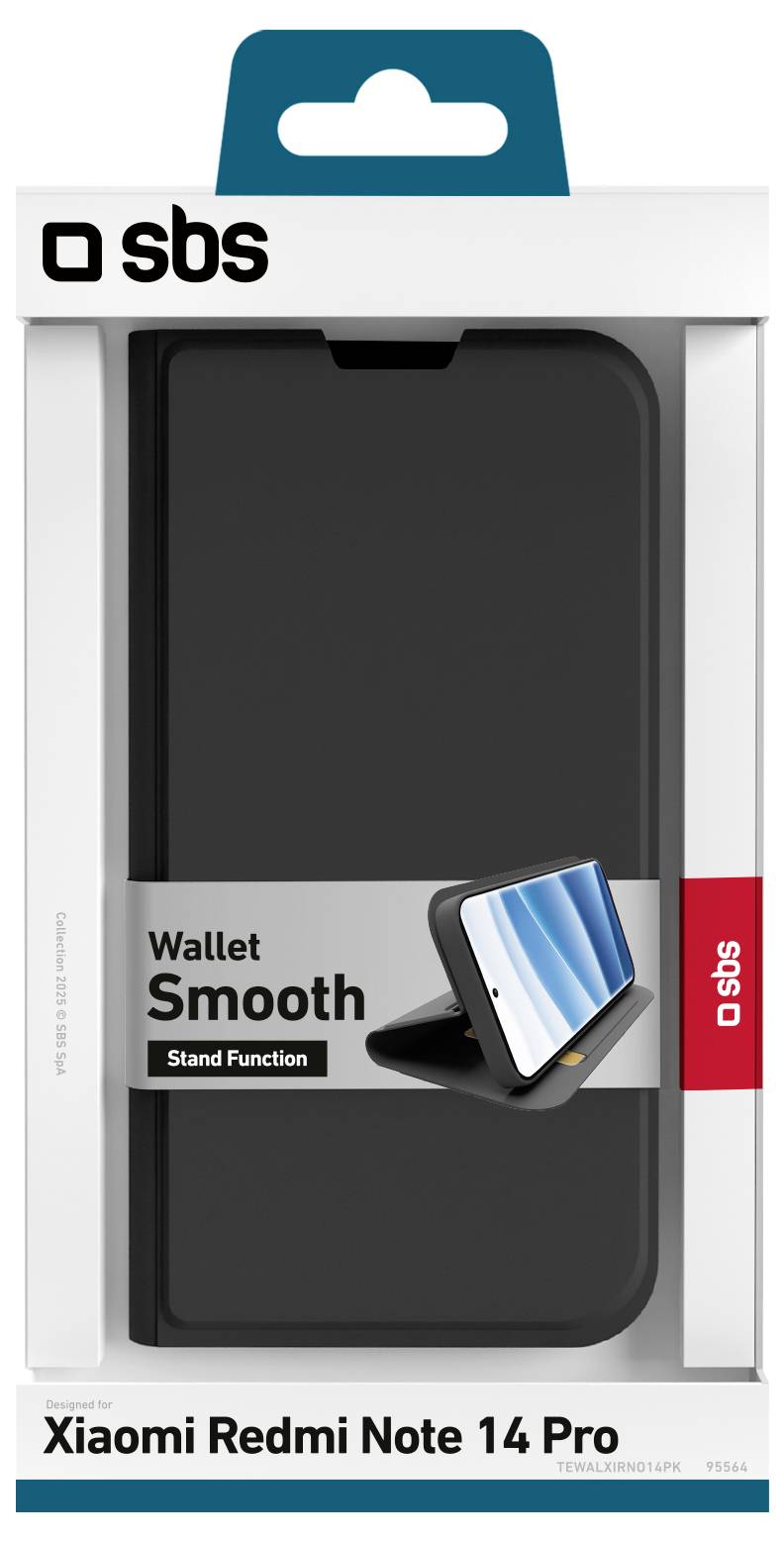 'Wallet Smooth' Handyhülle für Xiaomi Redmi Note 14 Pro mit Standfunktion, gezeigt in Einzelhandelsverpackung.