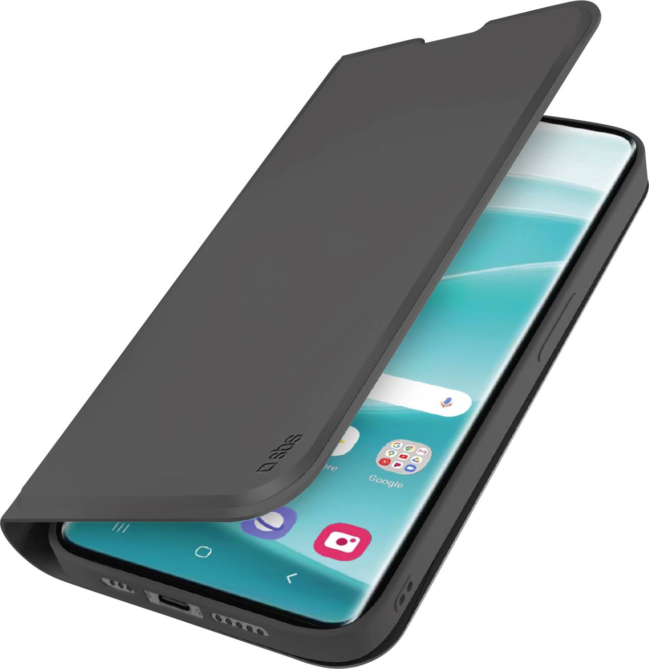 Smartphone in einem schwarzen Flip-Case; der Bildschirm zeigt verschiedene App-Symbole an, darunter einen Kalender und Einstellungen. Das Case ist teilweise geöffnet.