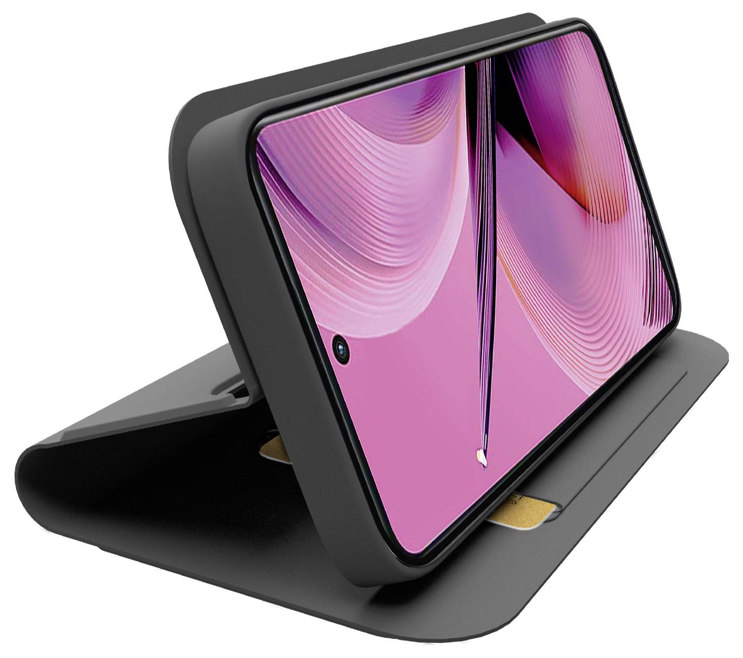 Eine Smartphone-Hülle, die zu einem Ständer gefaltet ist, hält das Telefon in Querformat mit einem rosa abstrakten Hintergrundbild auf dem Bildschirm.