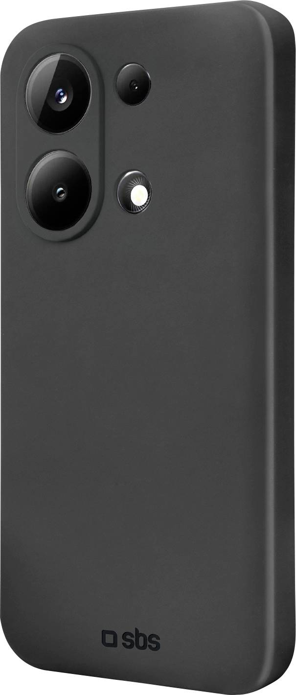 Ein elegantes schwarzes Smartphone-Hülle mit doppelten Kameraaussparungen und einem Markenlogo am unteren Ende.