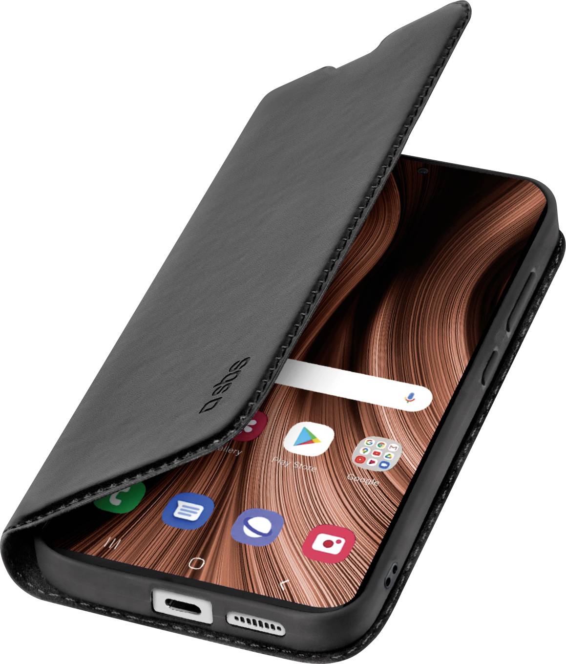 Ein Smartphone mit schwarzem Klappetui, das teilweise geöffnet ist und einen bunten, mit Apps gefüllten Startbildschirm zeigt. Das Gerät hat einen sichtbaren Ladeanschluss und Lautsprecher.