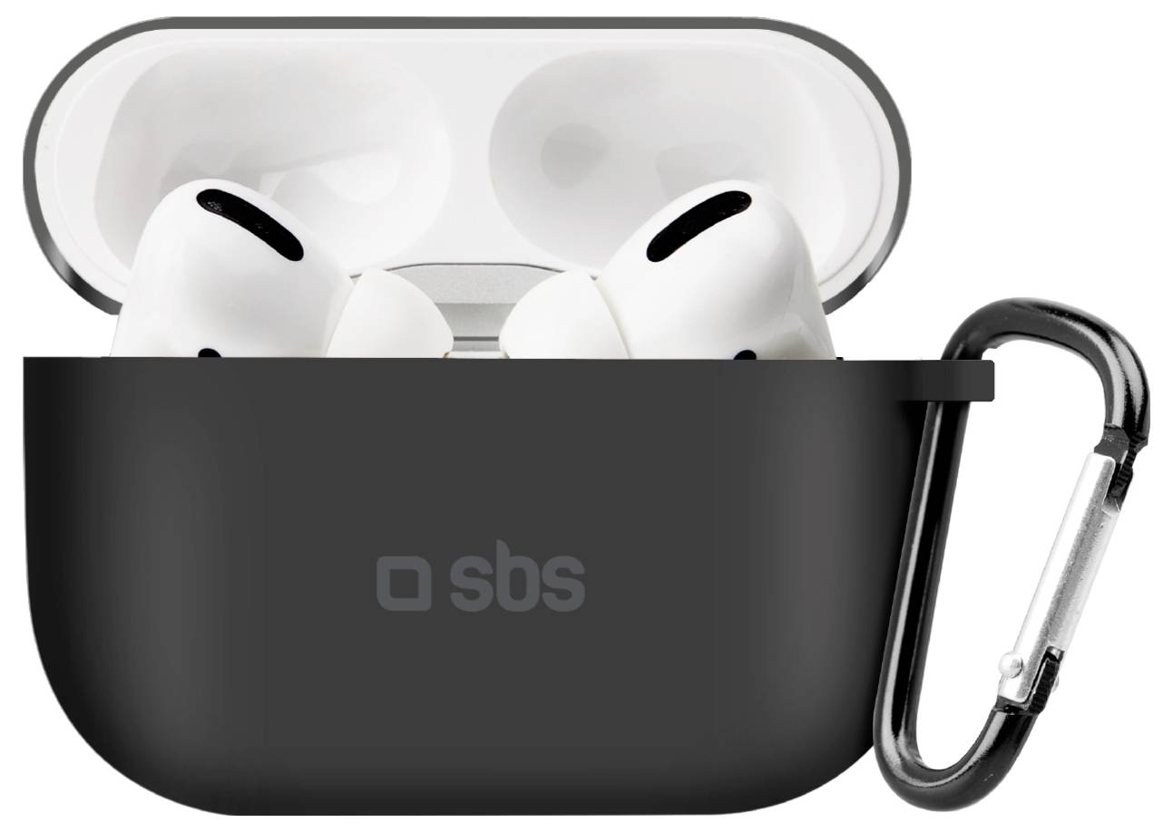 Schwarze Schutzhülle für kabellose Ohrhörer mit Karabinerclip, Ohrhörer sichtbar in einem offenen Ladeetui, Marke 'sbs'.