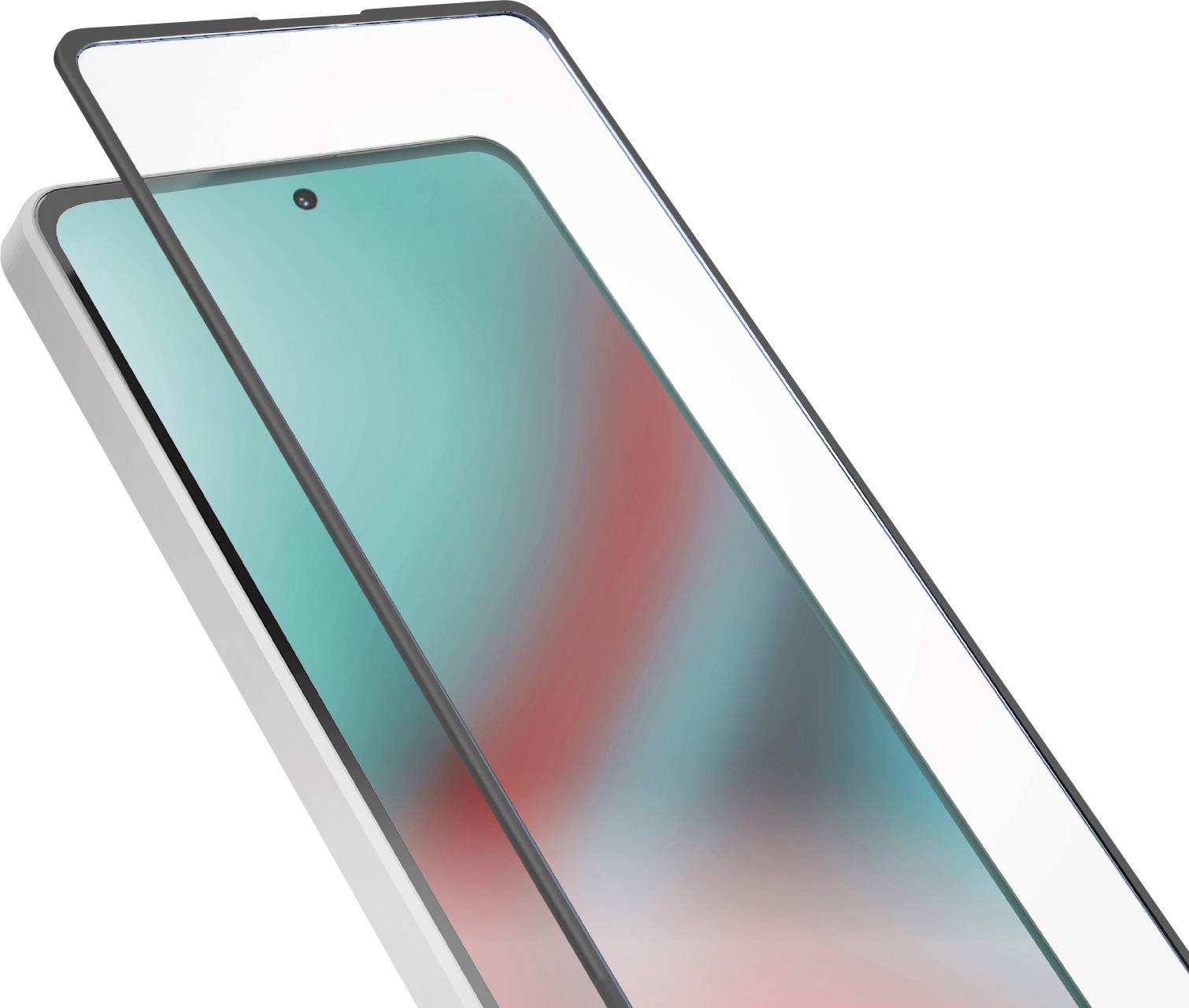 Ein Smartphone mit einem farbenfrohen Bildschirm ist von einer transparenten Schutzfolie bedeckt, gezeigt aus einer diagonalen Perspektive.