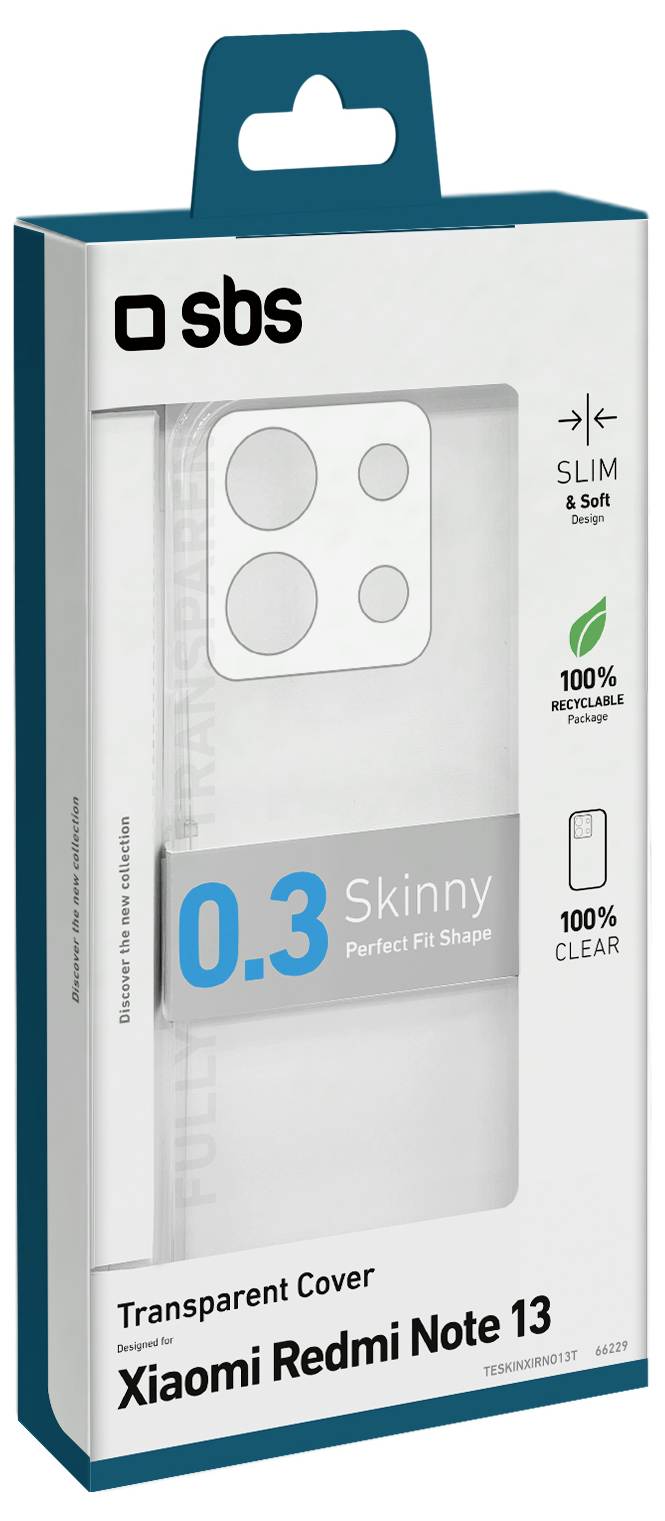 Verpackung für eine transparente Schutzhülle für Xiaomi Redmi Note 13, mit schlankem, weichem, transparentem Design und zu 100% recycelbar.