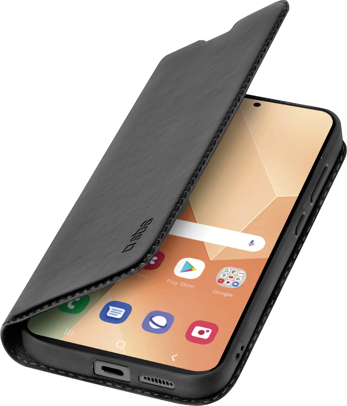 Ein Smartphone in einer schwarzen Klappschutzhülle, teilweise geöffnet, das App-Symbole auf dem Bildschirm zeigt.