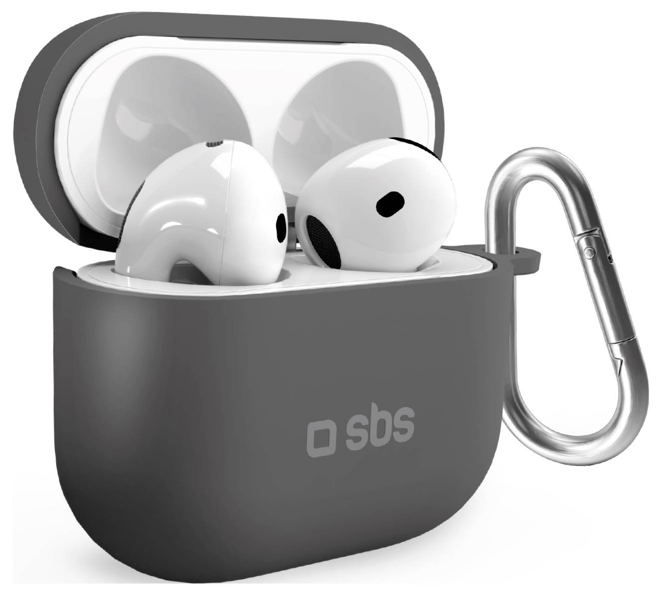 Kabellose Ohrhörer in einem Ladeetui mit befestigtem Karabinerverschluss, mit dem Markenzeichen „SBS