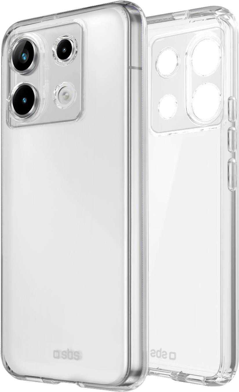 Transparente Smartphone-Hüllen mit präzisen Kameraausschnitten zeigen das Gerätedesign und bieten Schutz. SBS-Logo unten.