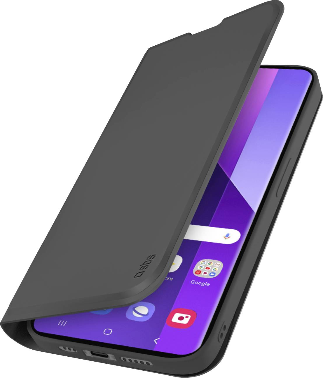 Ein Smartphone, das teilweise von einer schwarzen Flip-Schutzhülle umhüllt ist, mit eingeschaltetem Bildschirm, auf dem App-Symbole auf einem violetten Farbverlaufshintergrund angezeigt werden.