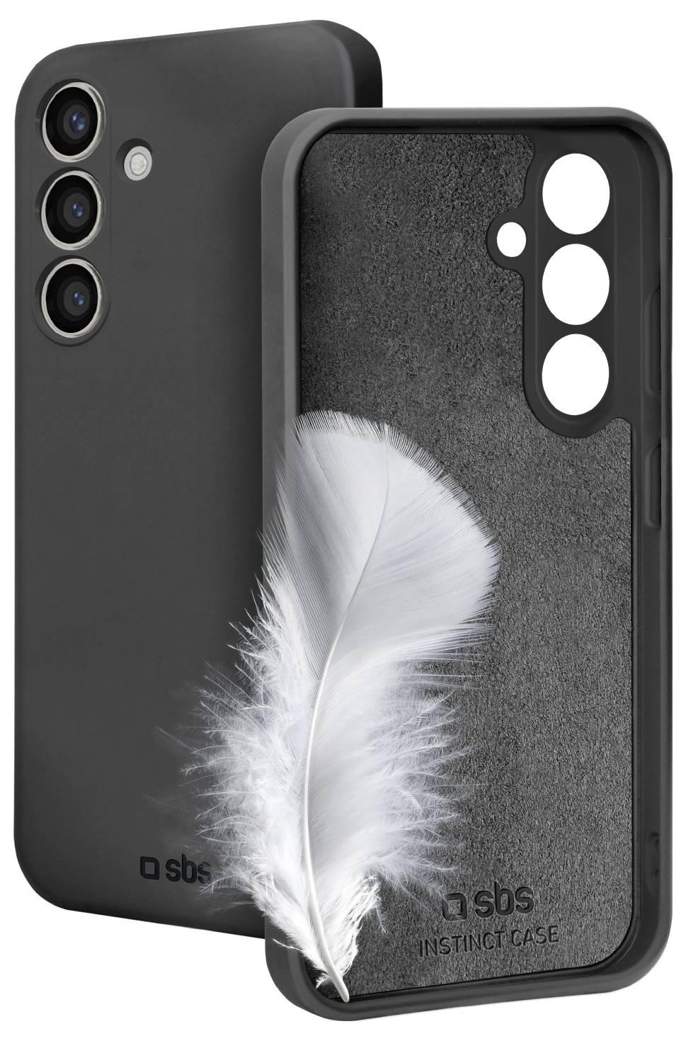 Ein schwarzes Smartphone-Case von SBS, schräg präsentiert, mit einer weichen Feder auf der Innenseite, die seinen feinfühligen Schutz unterstreicht.