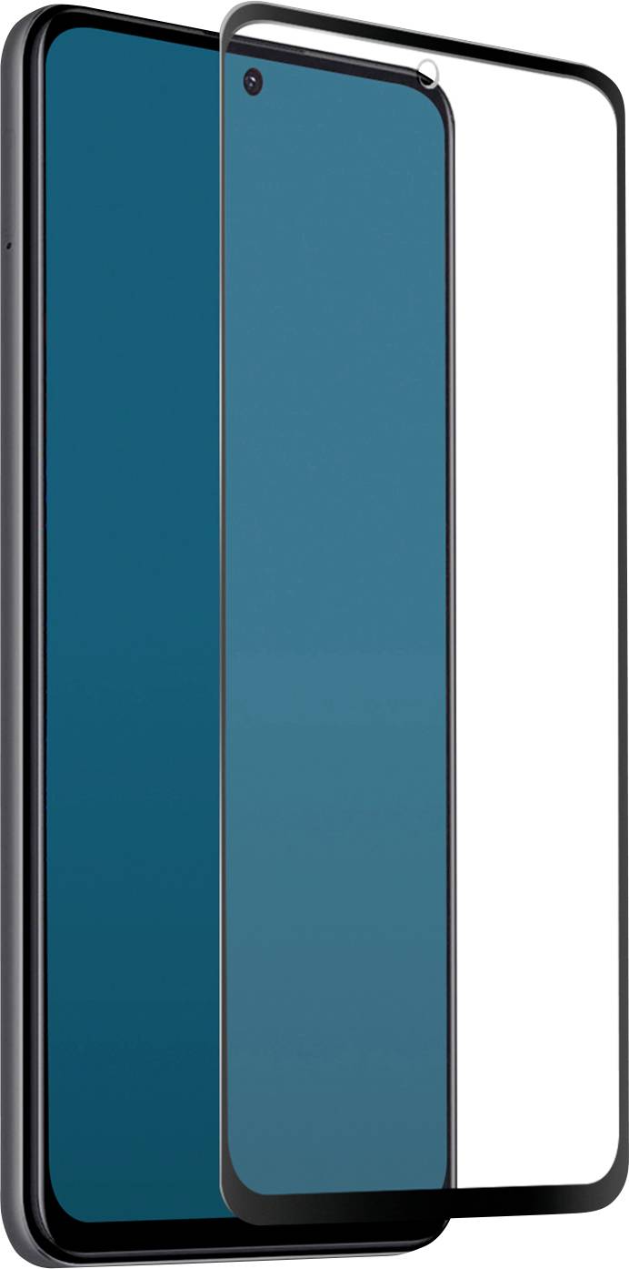Ein Smartphone mit blauem Bildschirm und einer transparenten Schutzfolie, die davor positioniert ist und deren Dicke und Klarheit zeigt.