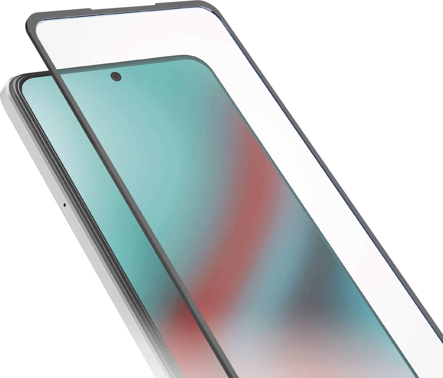 Ein Smartphone mit einem farbenfrohen Display, das einen rot-grünen Farbverlauf zeigt, ist von einer transparenten Schutzfolie bedeckt.